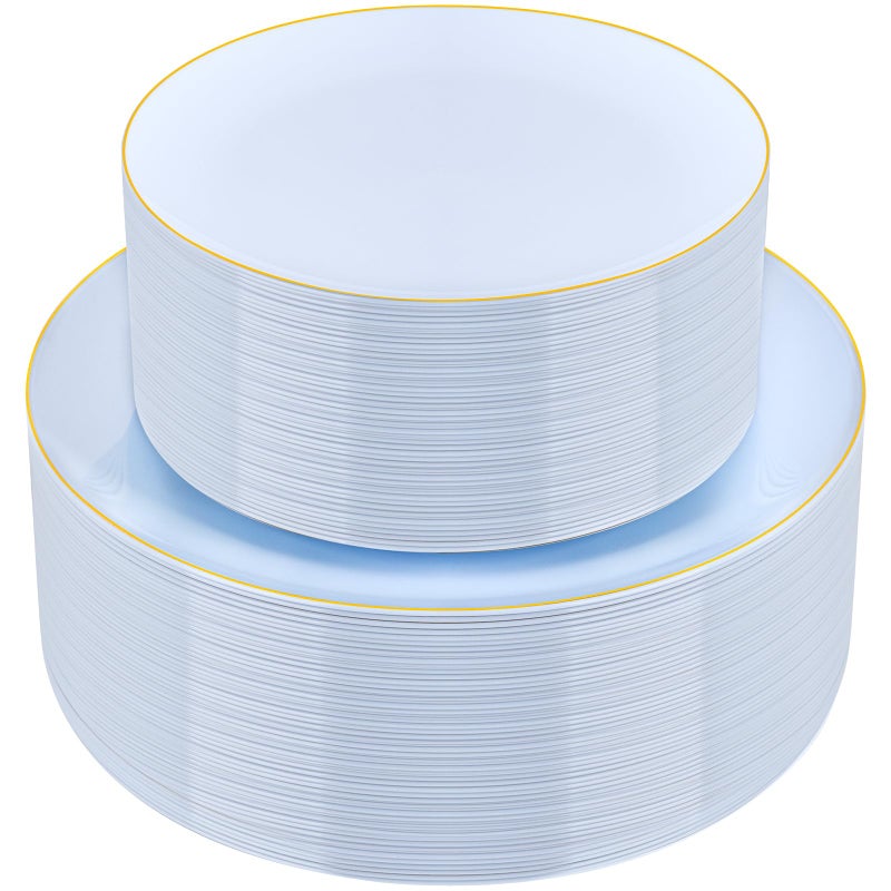 PULOTE 100PCS Blue Plastic Plates - Disposable Light Blue Include 50 Dinner & 50 Dessert/Salad Plates for Party, Wedding & Easter - Image 1